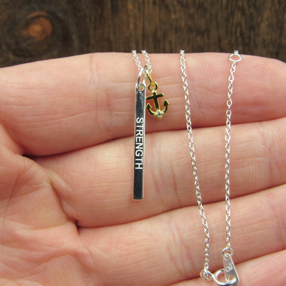 18 Sterling Silver Strength Word Bar Pendant Necklace… Gem